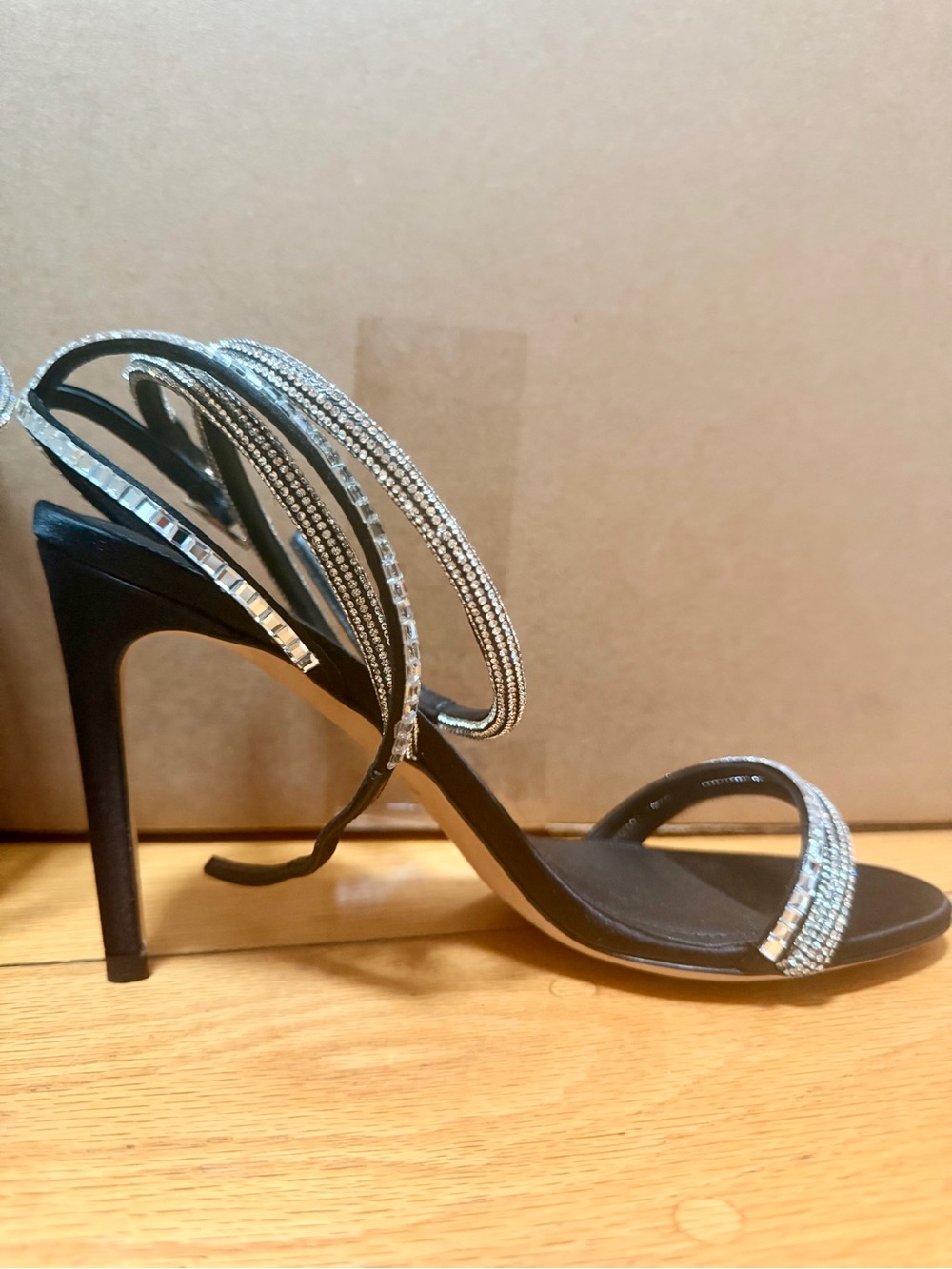3JUIN ROSE Fiji Satin Black Heels with Crystal Straps